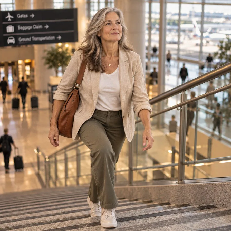 Woman climbing airport stairs confidently, no hand on the rail