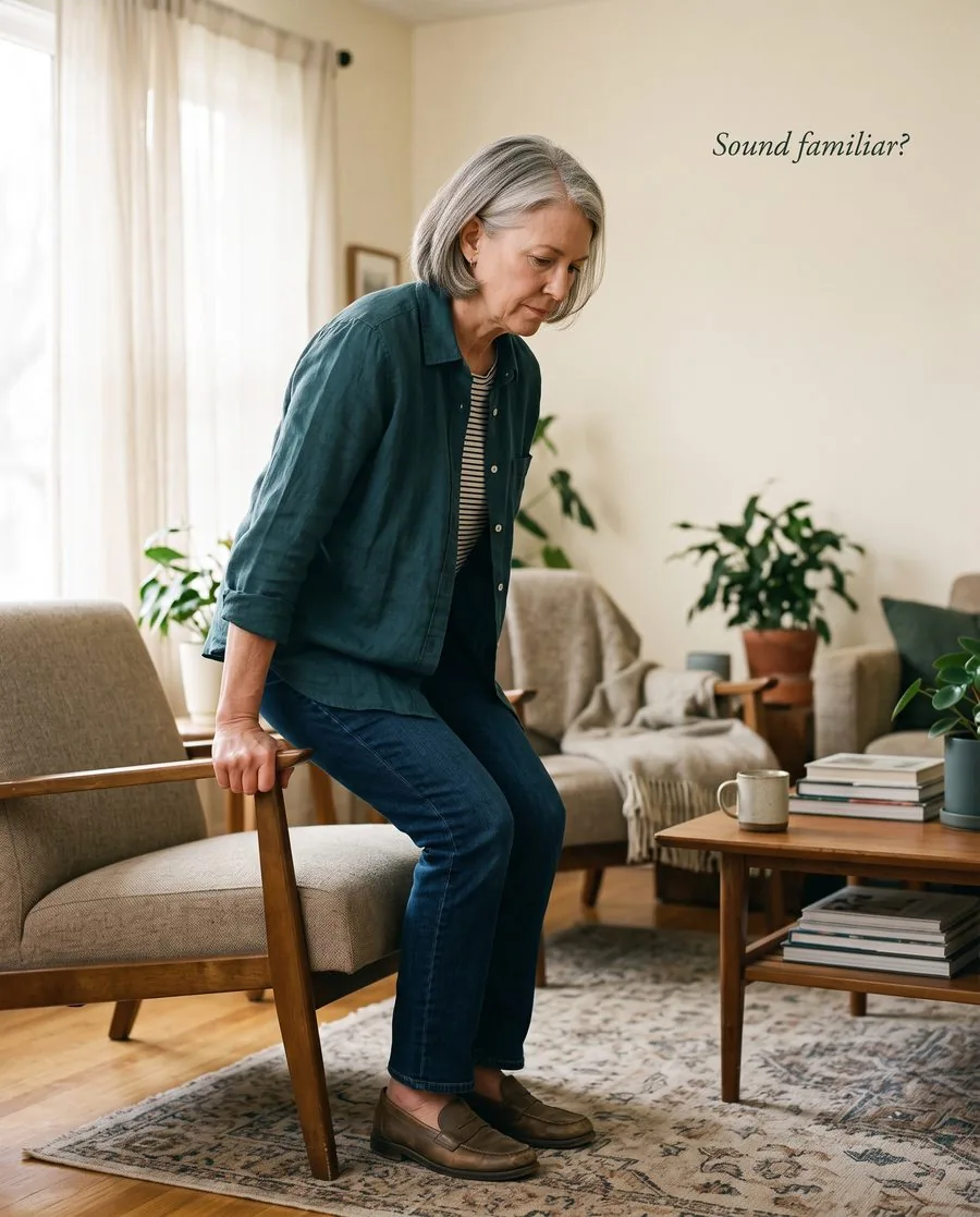 Woman using chair arm to push herself up in her living room
