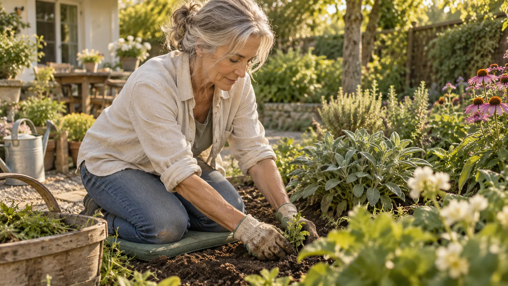 A woman using her muscles while gardening