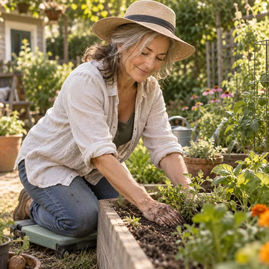 Woman in straw hat tending her garden with ease and quiet focus