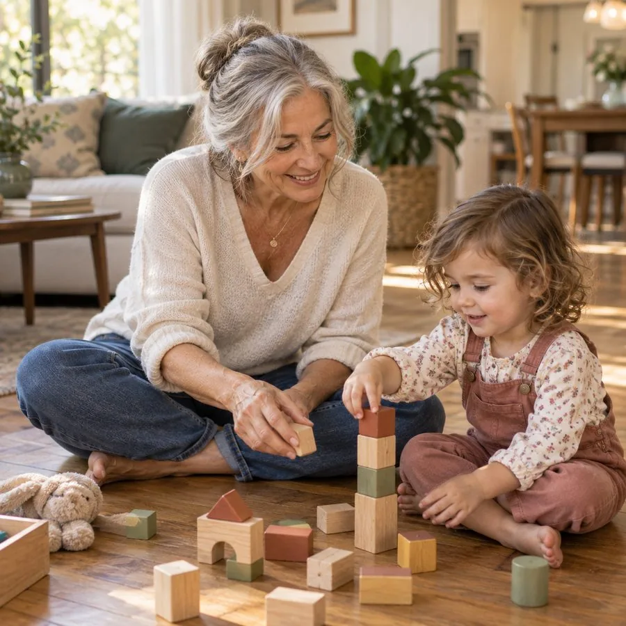 Grandmother sitting cross-legged on the floor playing wooden blocks with her granddaughter