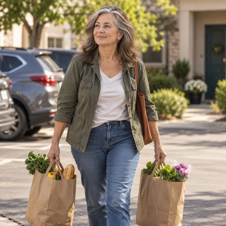 Woman carrying two full grocery bags with ease and confidence