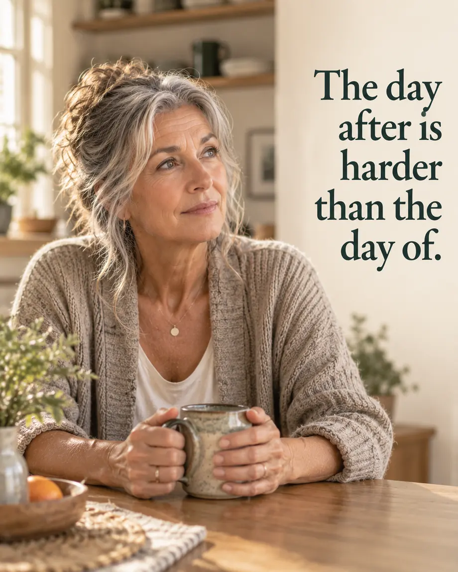 A capable woman having tea the morning after an active day