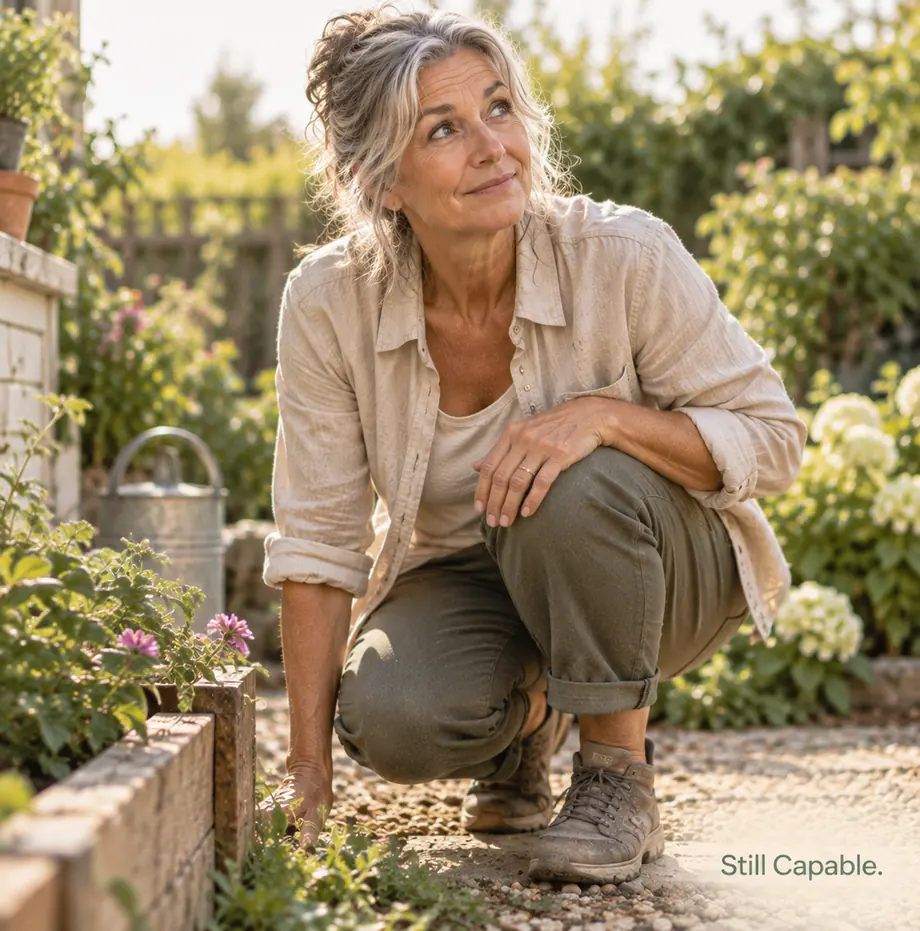 A woman crouching comfortably while gardening