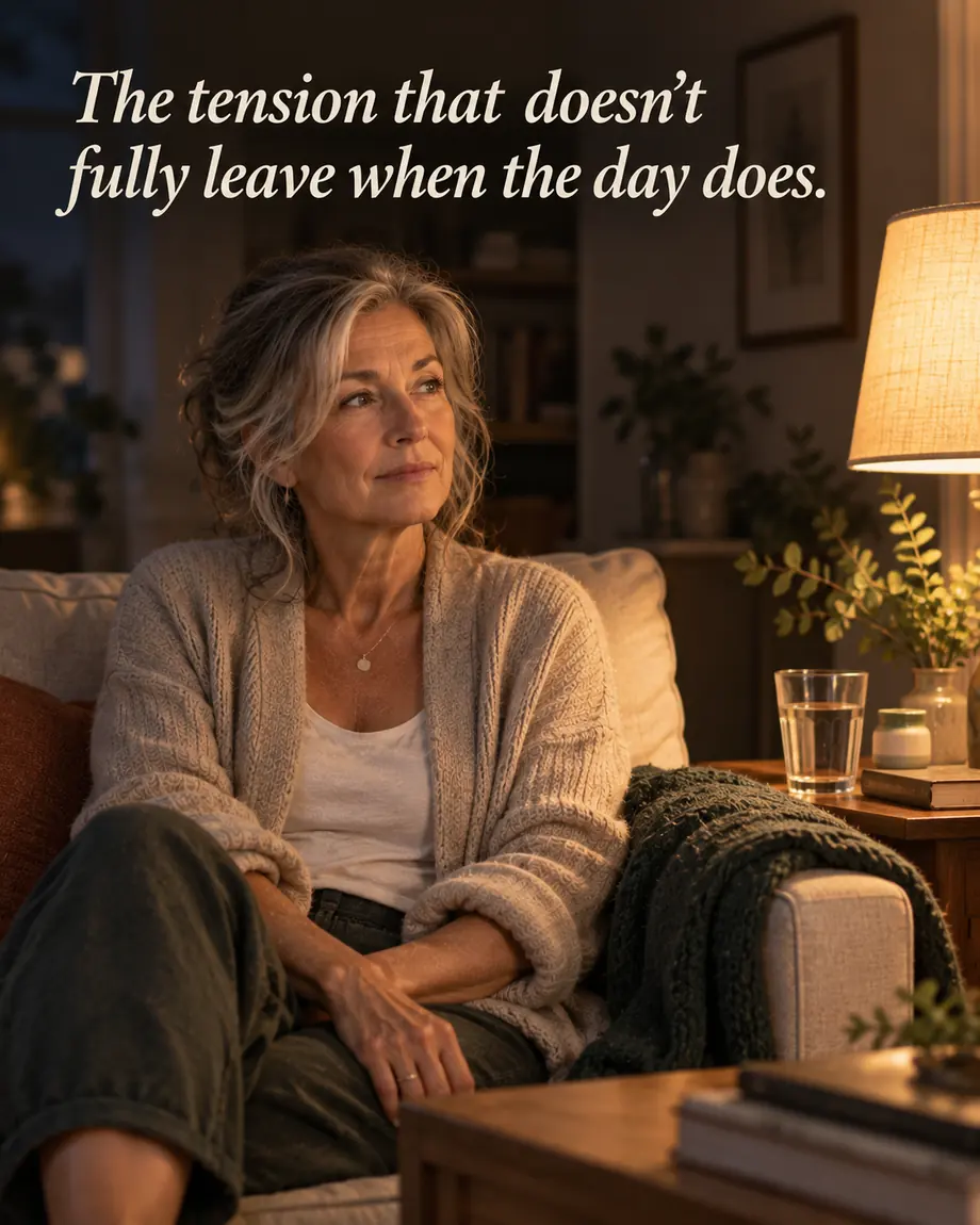 A woman sitting comfortably in a quiet living room at the end of the day