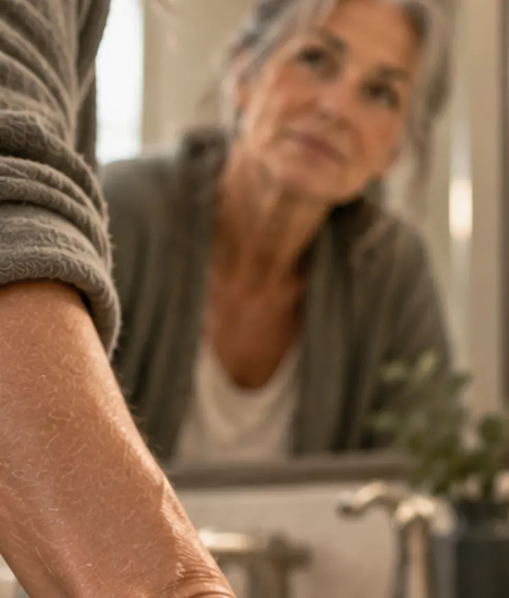 A woman catching a quiet reflective moment in a bathroom mirror