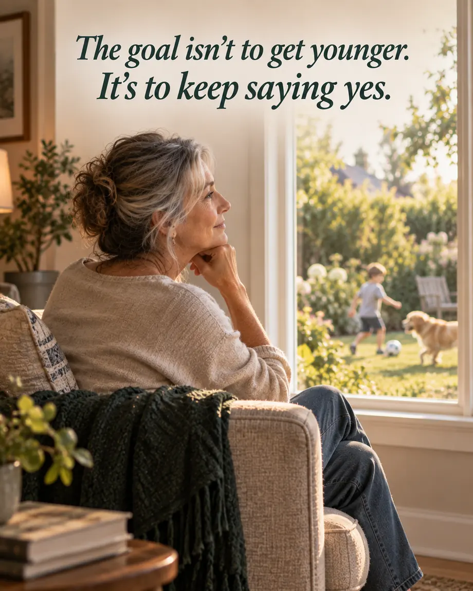A woman looking outside toward family life with the message that the goal is not to get younger but to keep saying yes