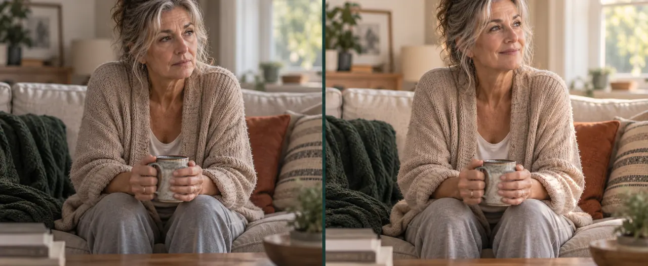 The same woman on two different ordinary mornings