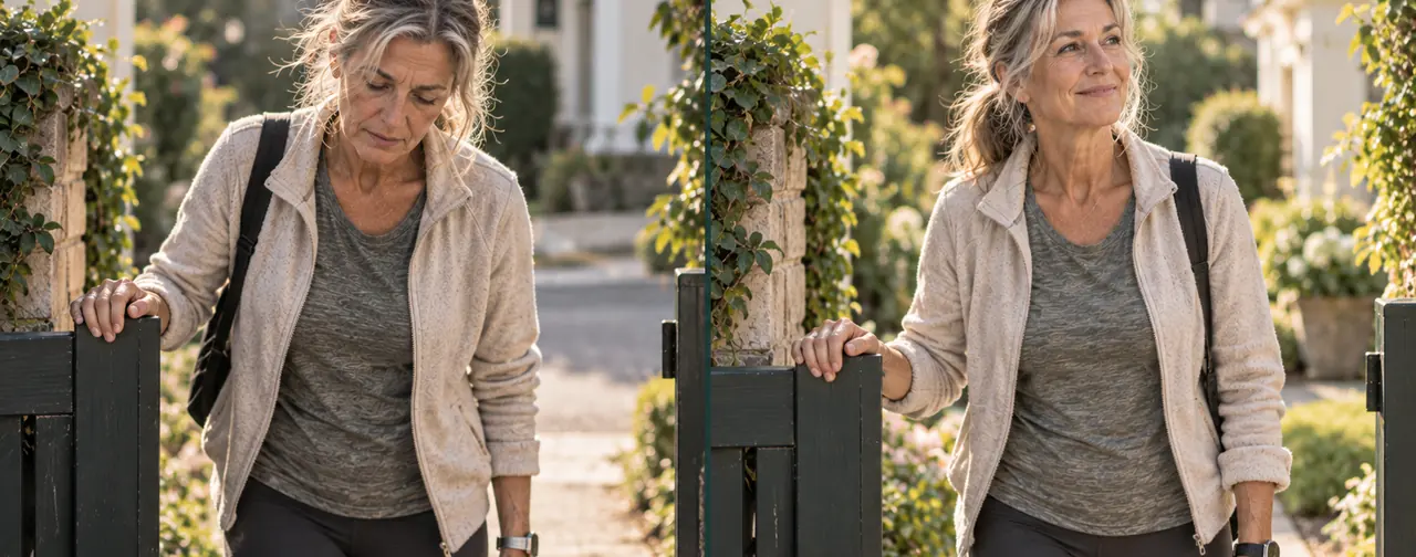 The same woman taking a familiar walk on two different days