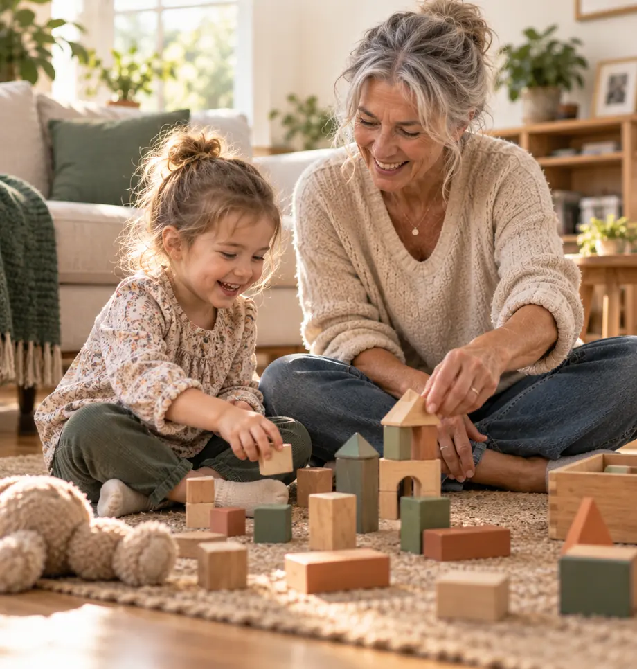 A woman sitting on the floor and playing with a young child