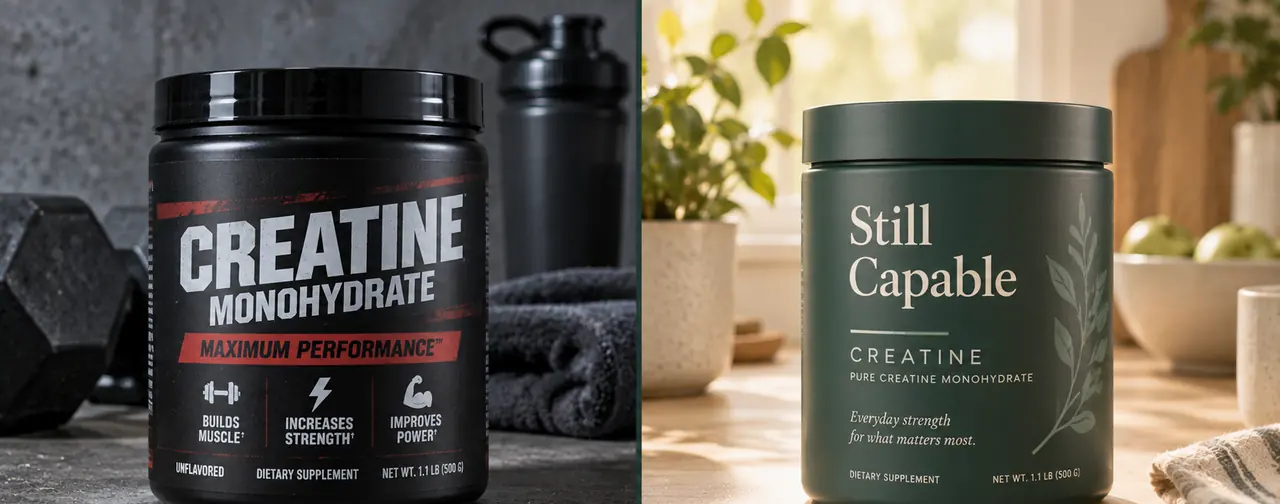 A contrast between gym-coded creatine marketing and calmer everyday-life creatine positioning