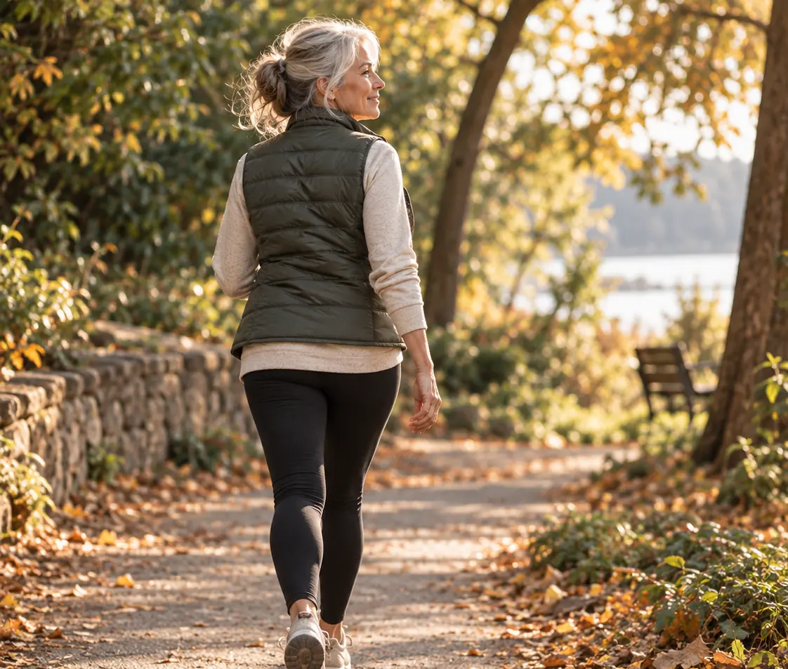 A mature woman enjoying an ordinary outdoor walk