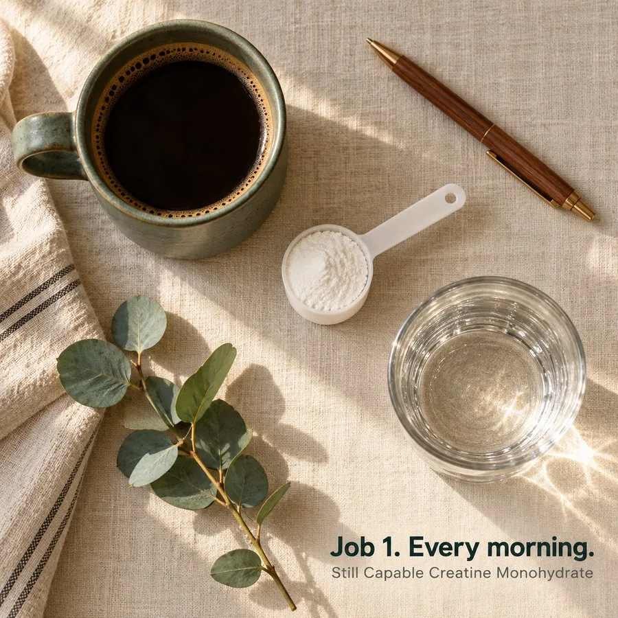Morning flat-lay: creatine scoop, coffee, glass of water — Job 1. Every morning. Still Capable Creatine Monohydrate