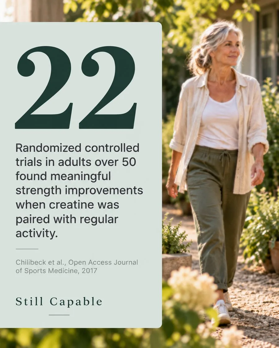 22 randomized controlled trials in adults over 50 found meaningful strength improvements when creatine was paired with regular activity — Chilibeck et al., 2017