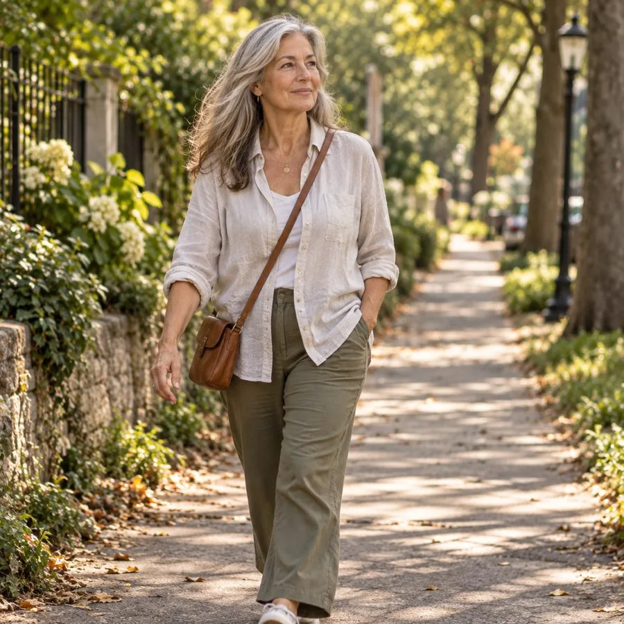 Woman walking confidently along a tree-lined path, relaxed and at ease
